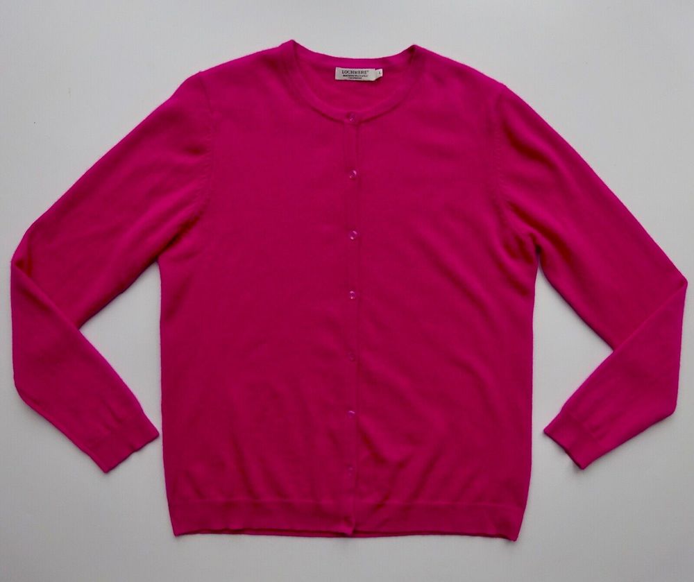 Cashmere cardigan L Lochmere EWM bright magenta pink crew neck long sleeved knit - Picture 7 of 16
